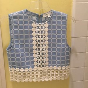 Blue & white check slightly cropped top lace trim